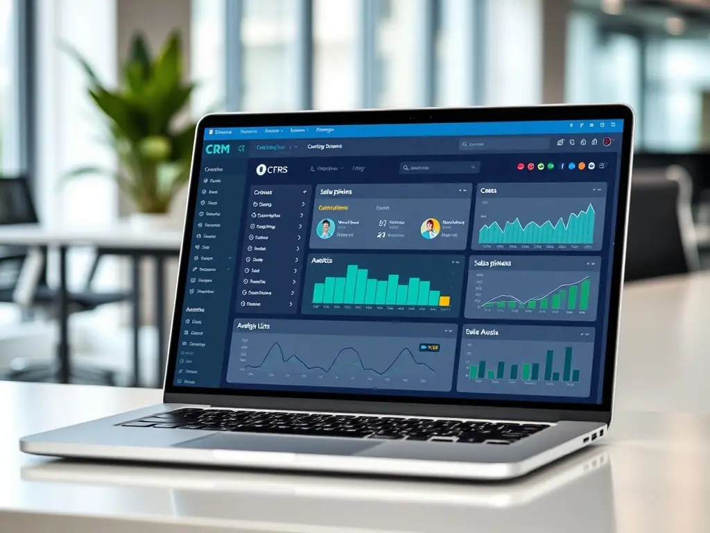A customer relationship management (CRM) software interface displayed on a tablet, highlighting features that support sustainable business practices, such as paperless communication and efficient resource management.