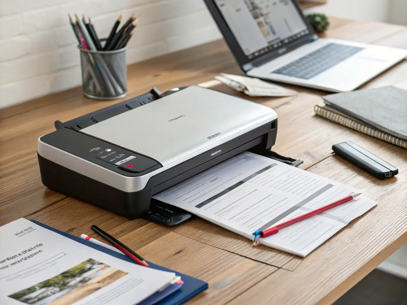 A modern office setting featuring a smartphone document scanner in use, capturing a document with ease. The scene emphasizes the scanner's portability and efficiency in a sustainable business environment.